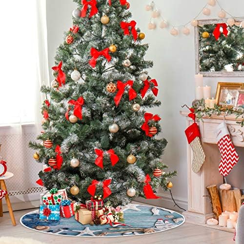 קישוט חצאית עץ חג המולד של אלזה, קישוט חצאית מיני עץ מיני קטן 35.4 אינץ 'עם רשת דיג עם כוכבי ים וקישוטי ים לקישוטים לחג מסיבת חג המולד