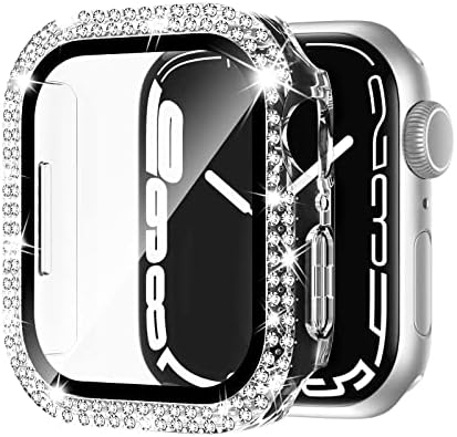 Adepoy עבור Apple Watch Series 7/8 41 ממ עם מגן מסך זכוכית מחוסמת, כפול בלינג קייס קריסטל יהלומי ריינסטון פגוש סך הכל מכסה מגן דק אולטרה-דק במיוחד עבור IWatch 41 ממ