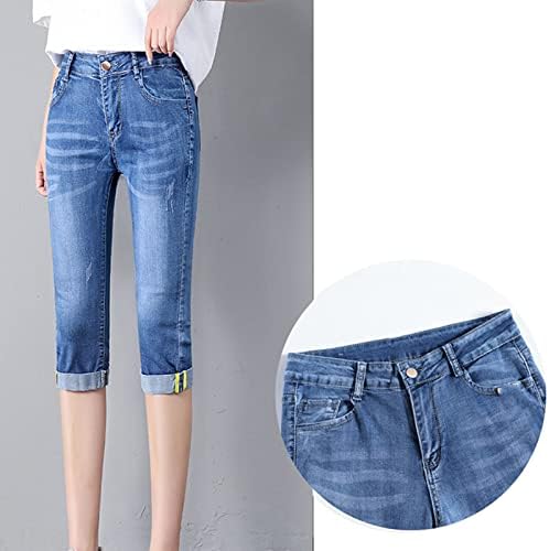 אמצע העלייה של נשים קלאסית שרוול שרוול קצר ברך מזדמן באורך ברך מכנסיים קצרים רזה מכנסי ג'ינס נמתחים עם כיסים