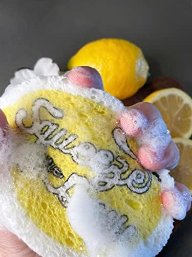 Moxie Forte 3pack Spogges מטבח לימון מהנה - סוחט את היום ספוגים דחוסים תאית - לשטיפת כלים, ניקוי משטח השיש, אמבט ילדים - טבעי, מתכלה, עמיד לריח, אין שריטות