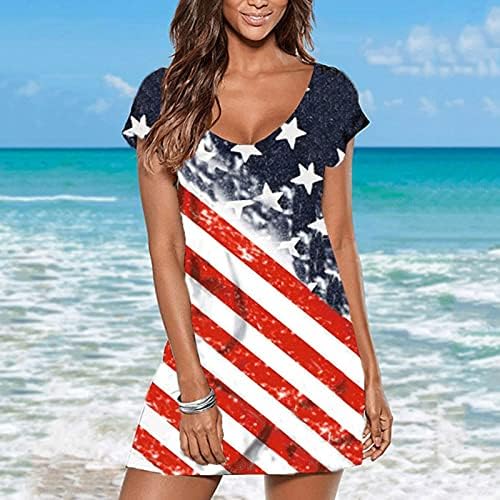 שמלת קיץ מזדמנת 4 ביולי נשים דגל אמריקאי הדפס נ 'צוואר שמלת שרוולים קצרים טנק צדדי רופף