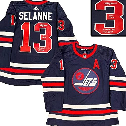 Teemu Selanne החתימה את וויניפג ג'טס חיל הים אדידס פרו ג'רזי- HOF17 & פלאש פיני - גופיות NHL עם חתימה