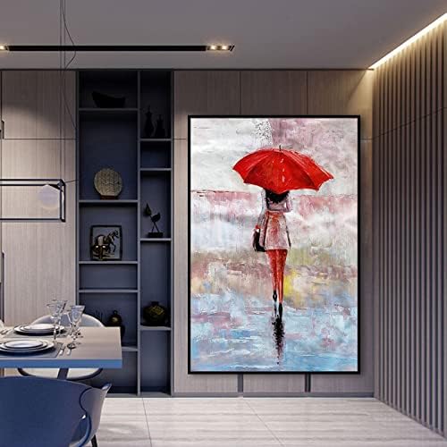 אמנות מצוירת ביד דמות מרקמת ציור שמן - תקציר גדול הילדה תחת המטריה האדומה ציור אנכי מודרני על בד לעיצוב מרפסת כניסה לסלון, לא ממוסגר, 80x130 סמ (31.4x51.1inc