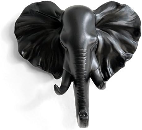 Herngee Elephant ראש קיר יחיד וו קיר / קולב מעיל מעיל בצורת חיה חובה כבד, מתנה דקורטיבית כפרית, שחור