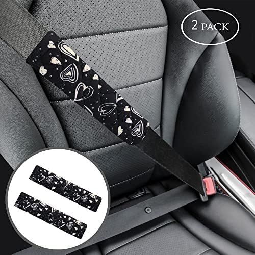 AMOOCA רך מכסה חגורת בטיחות רכה כריות חגורת בטיחות כרית כתף 2 מחשבים לנהיגה נוחה יותר תואמת לכל המכוניות ותרמיל לב שחור חמוד לב