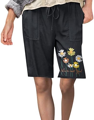 Grge beuu קיץ מכנסי כותנה לנשים קצרים מזדמנים מותניים מזדמנים אורך הברך הדפס פרחוני ברמודה מכנסיים קצרים עם כיס
