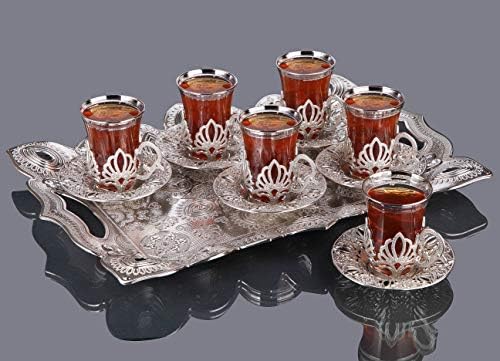 משקפי תה ערבית טורקית של Lamodahome סט של 6 עם צלוחיות ומחזיקים עם מגש הגשה- סט מפואר בכסף עבודת יד להגשה, מתנה, זמן טייט
