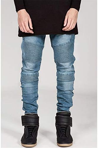 מכנסי ג 'ינס סקיני אלסטיים עם מכנסי ג' ינס צמודים לאופנוע לגברים עם רוכסן