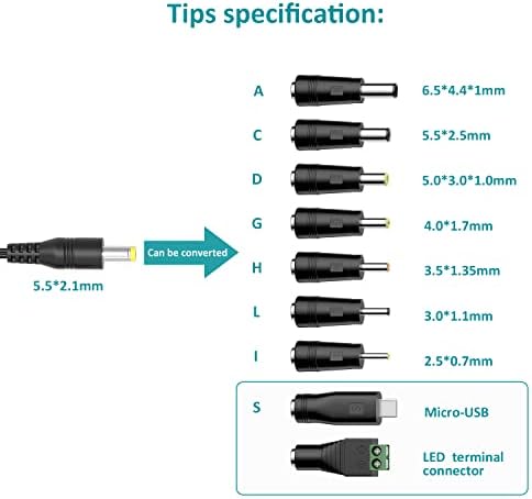 BasicVolt 34W אוניברסלי AC/DC מתאם מיתוג אספקת חשמל עם 9 טיפים עגולים, כבל חשמל רב מתח עבור 3V 4.5V 5V 6V 7.5V 9V 9V 12V מכשירים ואור רצועת LED, 2000mA MAX - עם 5V 2A יציאת USB יציאת USB