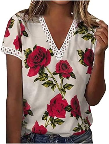 קיץ נשים חמוד חולצת טי תחרה עיצוב חולצות טרנדי מזדמן רופף מתאים צוואר טוניקת טיז קצר שרוול סקסי גרפיקה חולצה