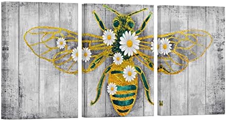 אמנות קיר קיר בד דבורה צהוב וירוק חרקים חרקים צביעה דבורת דבש קיר לעיצוב קיר למטבח, ממוסגר ונמתח קל לתלייה בגודל 16 x24 x3