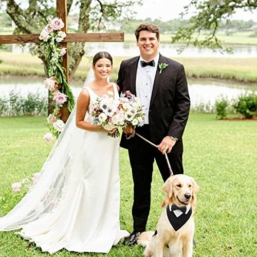 כלב טוקסידו בנדנה, צווארון כלבים רשמי לחתונה עם עניבת פרפר, אירוסין כלבים בנדנה צוואר עניבה עיצוב צווארון מתכוונן, מסיבת חיות מחמד טוקס כלב לבוש לחתונה בנדנה לכלב בינוני קטן