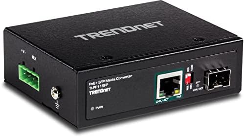Trendnet SFP תעשייתי ל- Gigabit POE+ ממיר מדיה, דיור מדורג IP30, טווח טמפרטורת הפעלה -40 ° -75 ° C עד, Ti -Pf11SFP, שחור