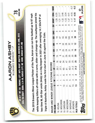 2022 Topps 78 Aaron Ashby RC טירון מילווקי סדרה 1 כרטיס מסחר בייסבול MLB