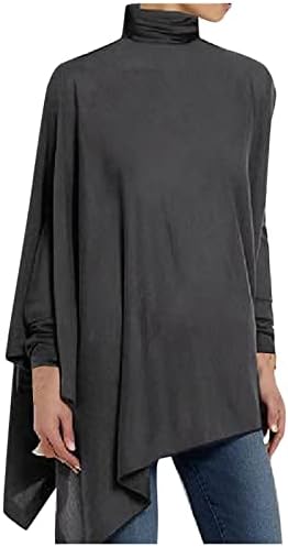 חולצות שרוול ארוך לנשים אופנתיות שולי לא סדירות צבע מוצק טיז זורם צוואר גבוה