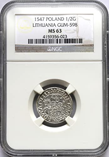 1547 PL פולין פולין ליטא 1/2G אביר ימי הביניים 1/2 מטבע כסף ברוטו 1/2 גרושן MS-63 NGC