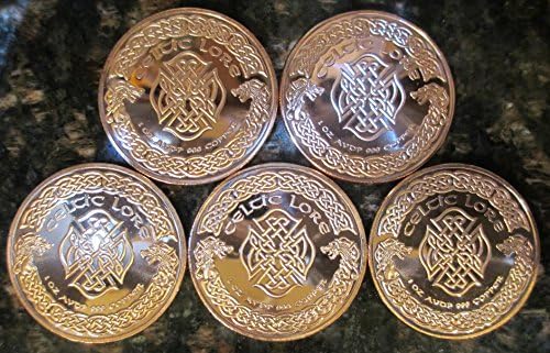 Lore Celtic: 1ozcopperrounds סט שלם, חמישה מטבעות: מרלין, המוריגן, הדרקון האדום הוולשי, סרנונוס ובאנשי