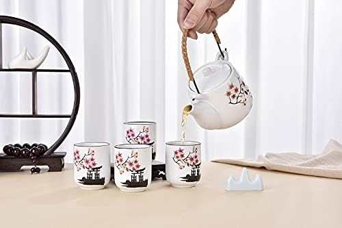 קרמיקה יפנית טטסובין קומקום ו -4 כוסות תה שלג לבן פרחי ורוד סאקורה סט תה פרחים, פילדה אל חלד וידית ראטאן כלולה בתיבת מתנה